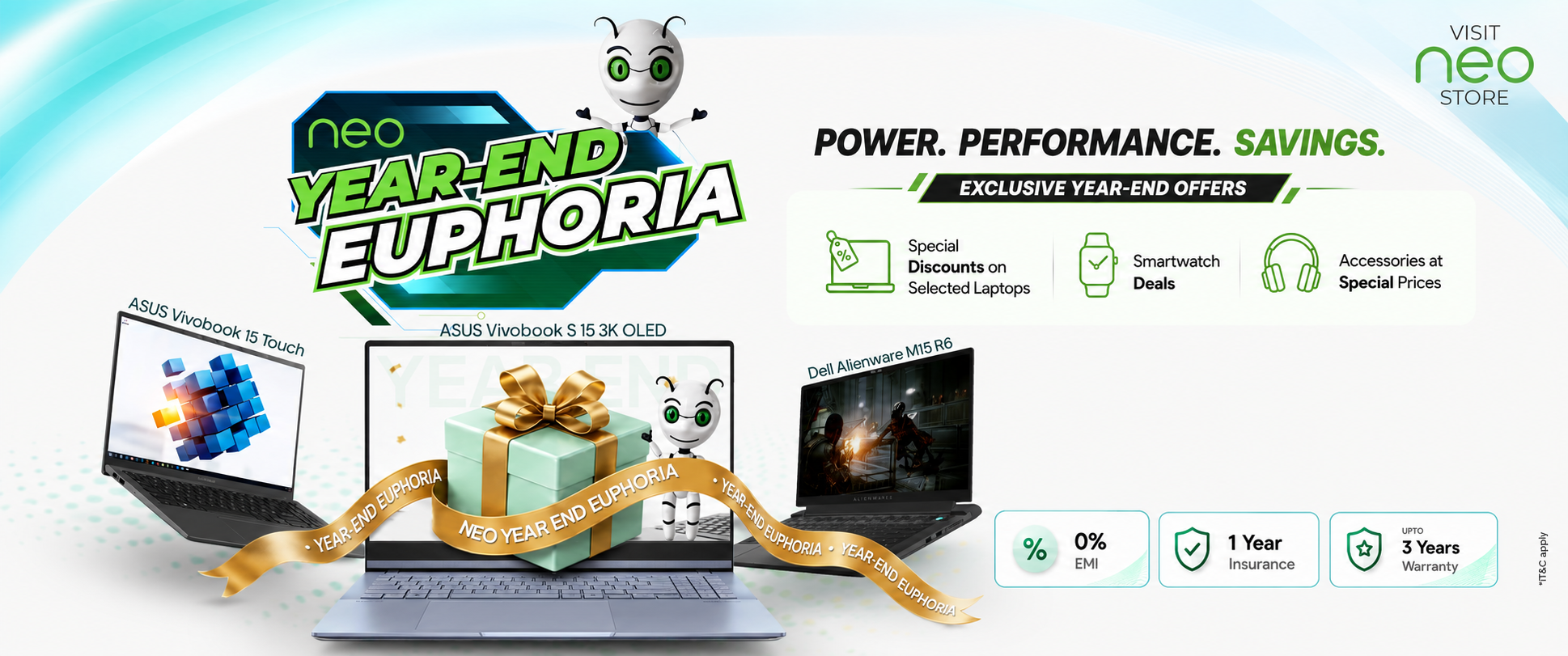 Neo Store Year-End Euphoria Sale banner featuring exclusive laptop deals in Nepal, ASUS Vivobook and Dell Alienware laptops, smartwatch offers, accessories at special prices, 0% EMI, 1-year insurance, and up to 3 years warranty